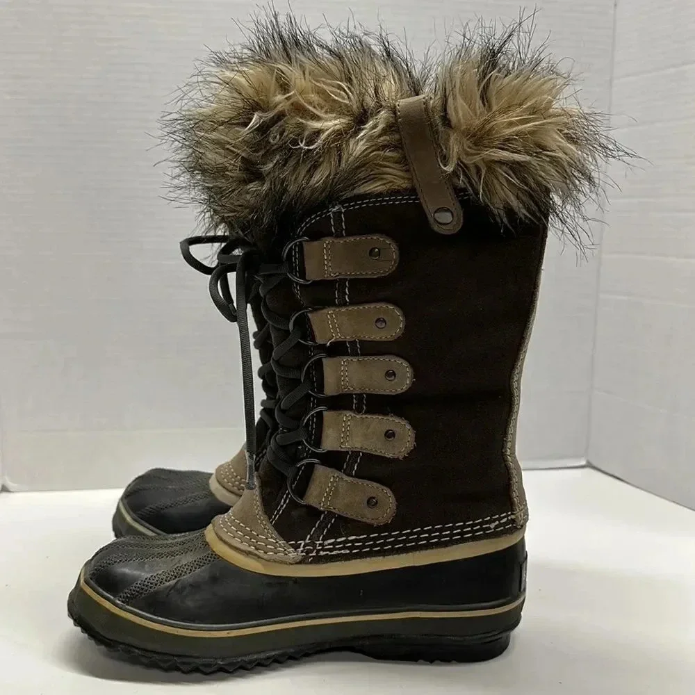 Sorel Joan of Artic Boots Winter Lace Up Brown Waterproof Suede Faux Fur Size 6